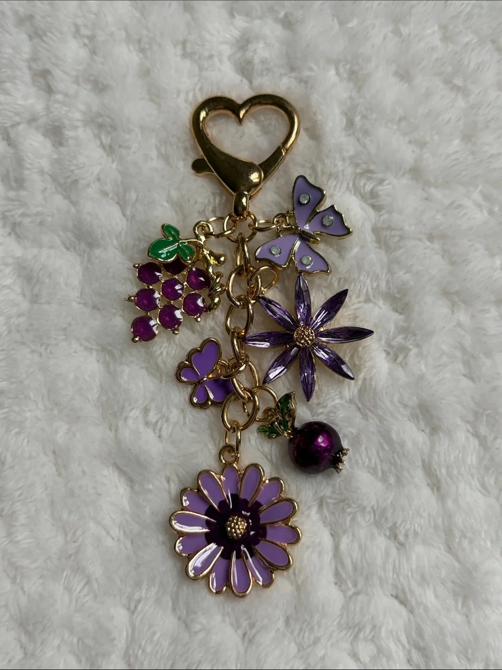 NWOT Gold-Tone Purple Floral & Butterfly Charm Keychain Pendant